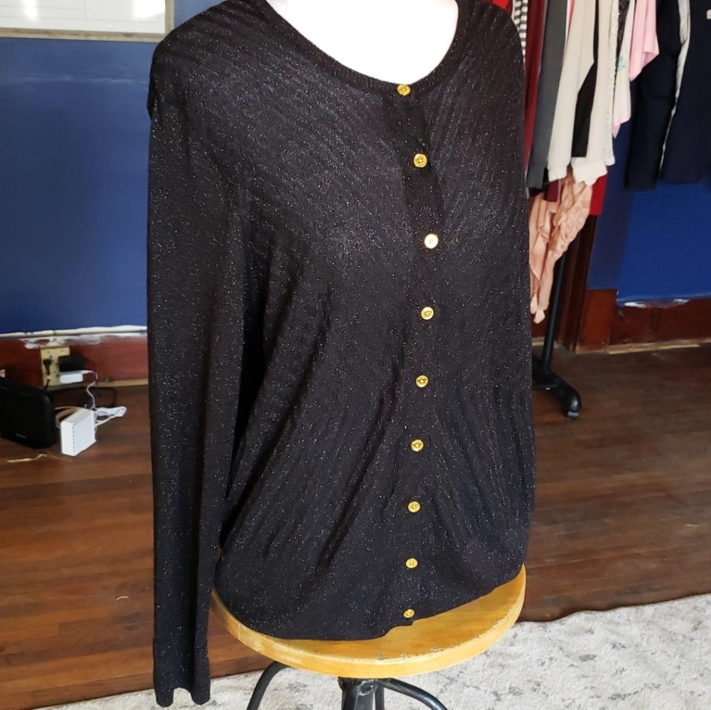 Dana Buchman black zebra shimmer cardigan, gold buttons size XL